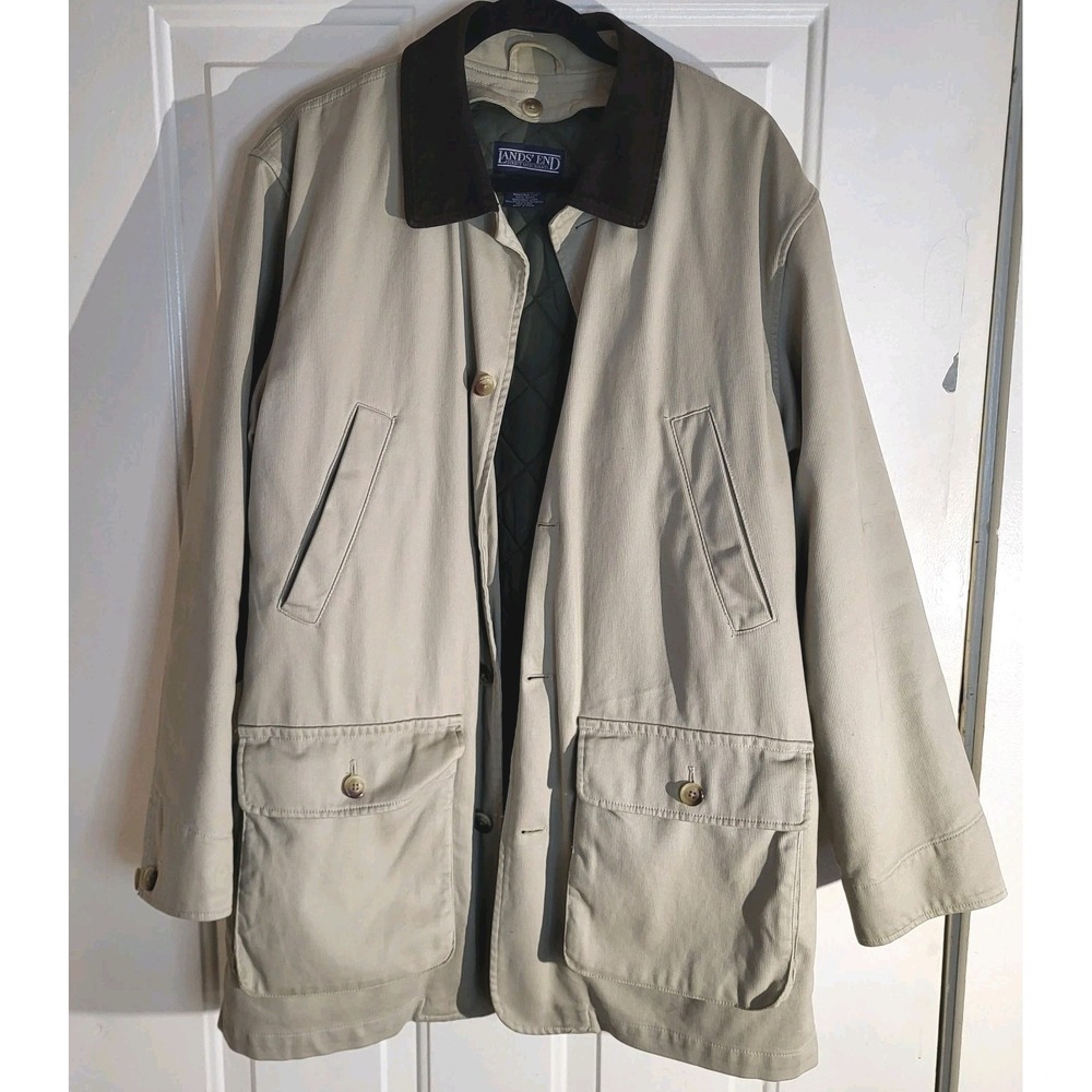 Land's End Men's M Barn Chore Coat Tan Faux Suede Collar Quilted Liner - Picture 1 of 13